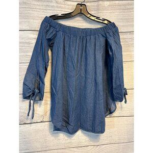 Off-The-Shoulder Chambray Top Tie Sleeves Size S